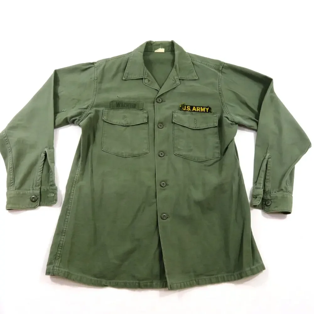 Cotton Sateen Shirt Military US Army Vietnam Era Green Sz 16 1/2 x 34 1960s